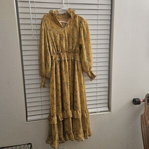 Elegant Mustard Floral Long Sleeve Dress